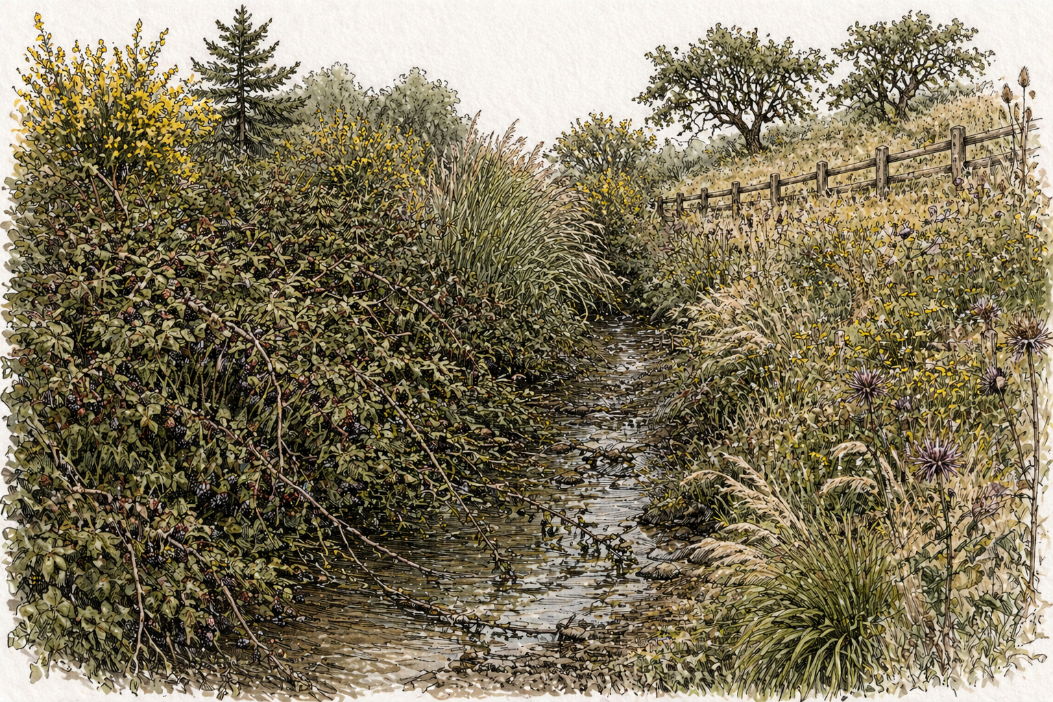 Overgrown stream with invasive vegetation.