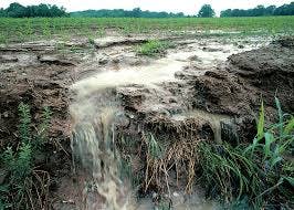 Soil erosion on a muddy field, with water flowing over and carrying soil away.