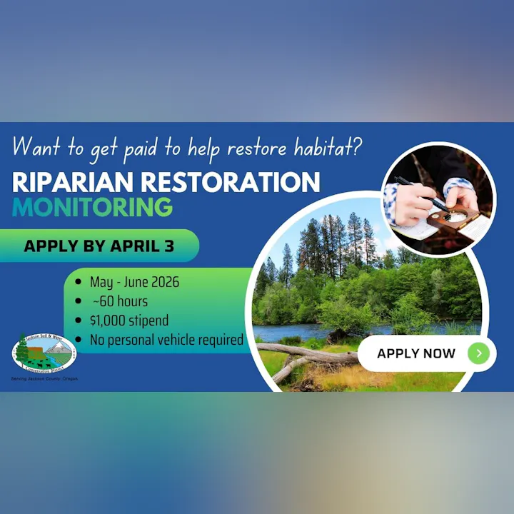 A paid opportunity to help with riparian habitat restoration in May-June 2026, $1,000 stipend, apply by April 3.