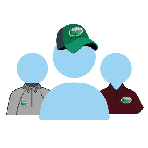 Three abstract figures, one wearing a cap, all in shirts with similar logos.