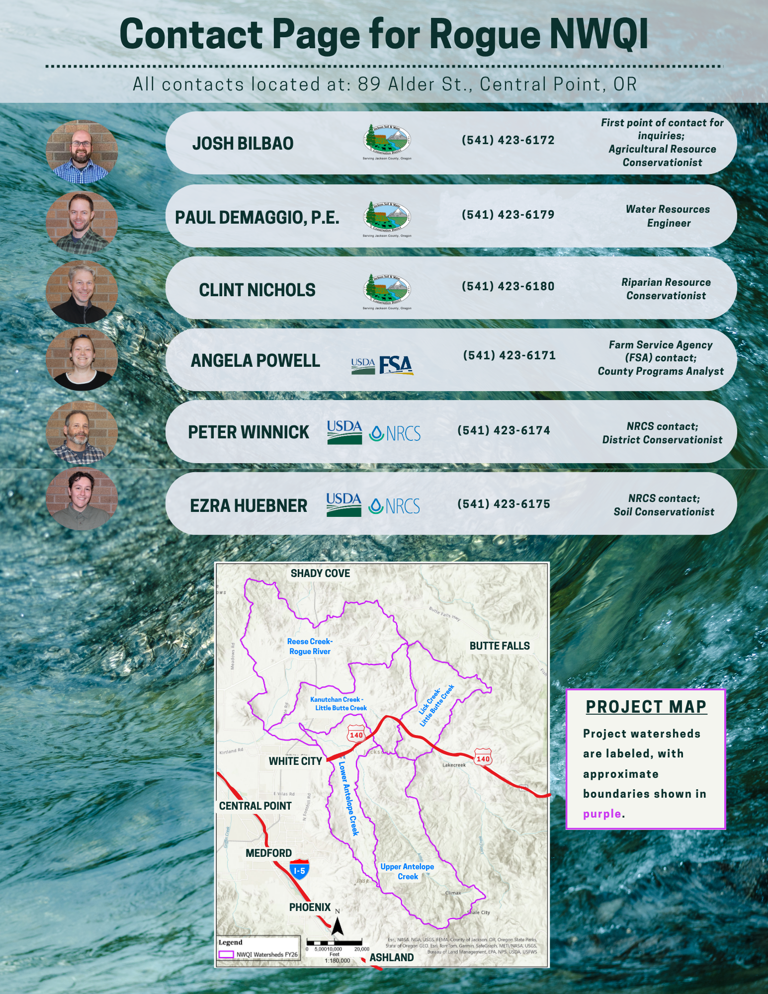 Contact details for Rogue NWQI staff and a project watershed map located at 89 Alder St., Central Point, OR.