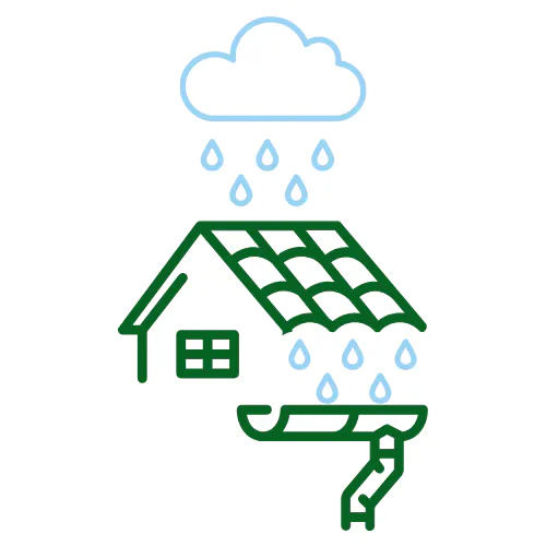 Rainwater harvesting: raindrops fall on a roof and are collected via a gutter system.