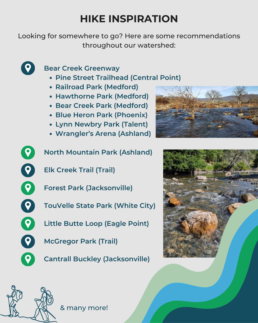 Hiking spots in Oregon: Bear Creek Greenway, North Mountain Park, Elk Creek Trail, Forest Park, TouVelle SP, Little Butte Loop, McGregor Park.