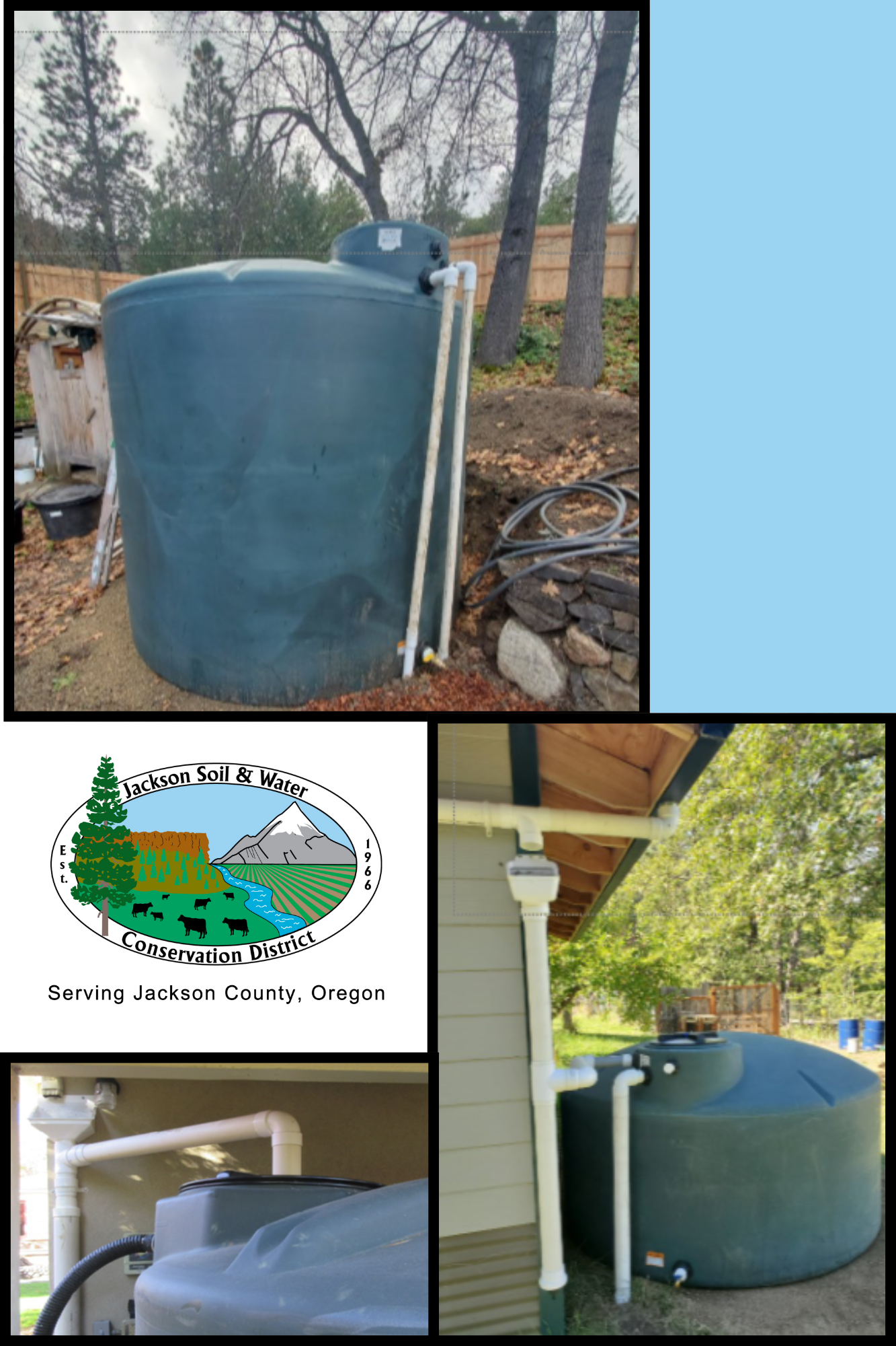 The image shows water tanks, pipes, and the Jackson Soil & Water Conservation District logo.