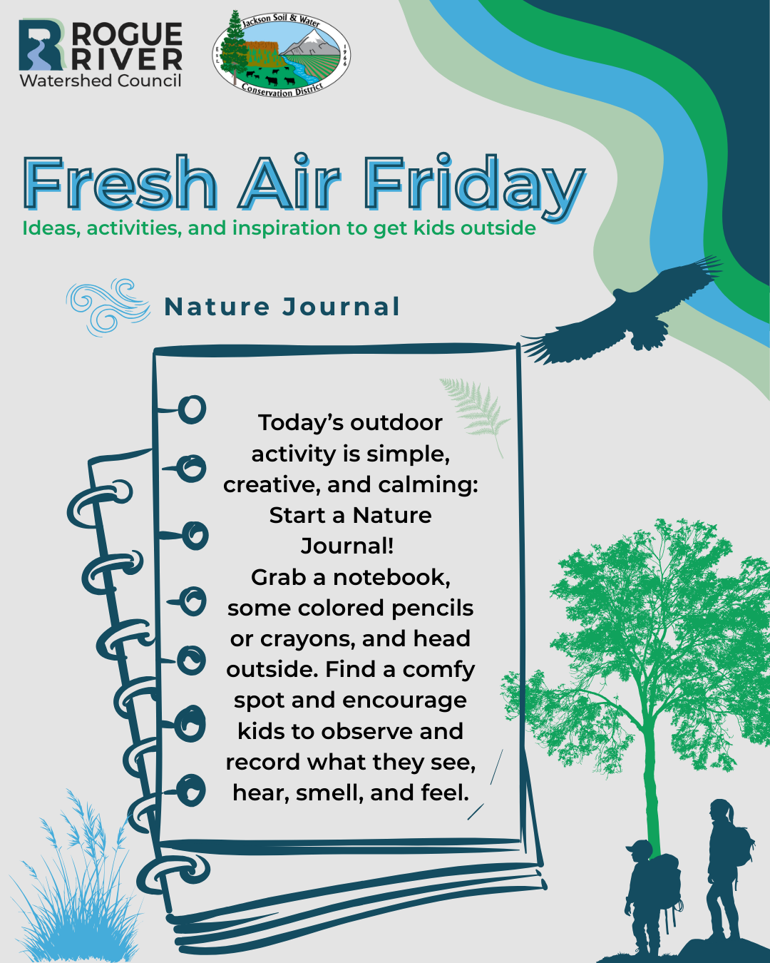 Flyer promoting "Fresh Air Friday" by Rogue River Watershed Council with an activity to start a nature journal for kids.