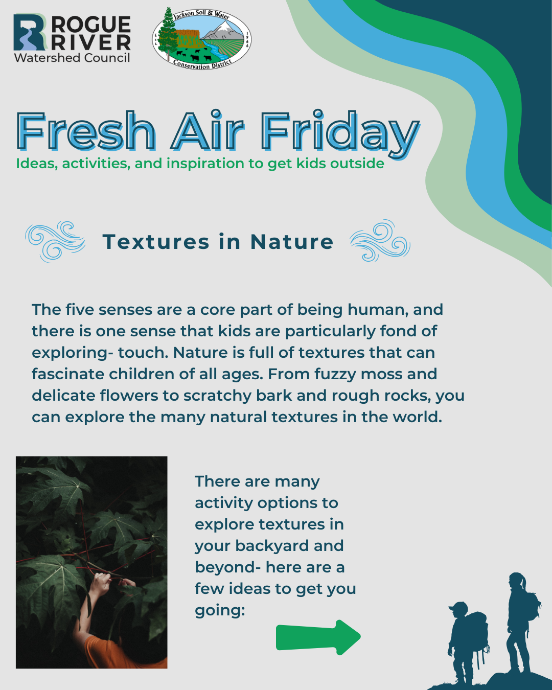 "Fresh Air Friday: Ideas to get kids outside exploring textures in nature. Activities to explore backyard textures. Rogue River Watershed."