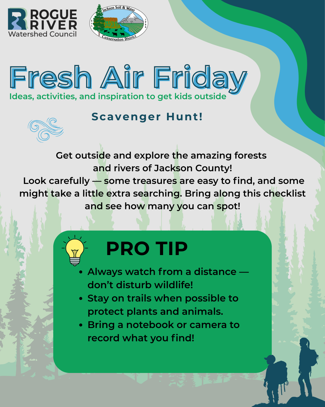 Flyer for "Fresh Air Friday" scavenger hunt by Rogue River Watershed, with outdoor tips.