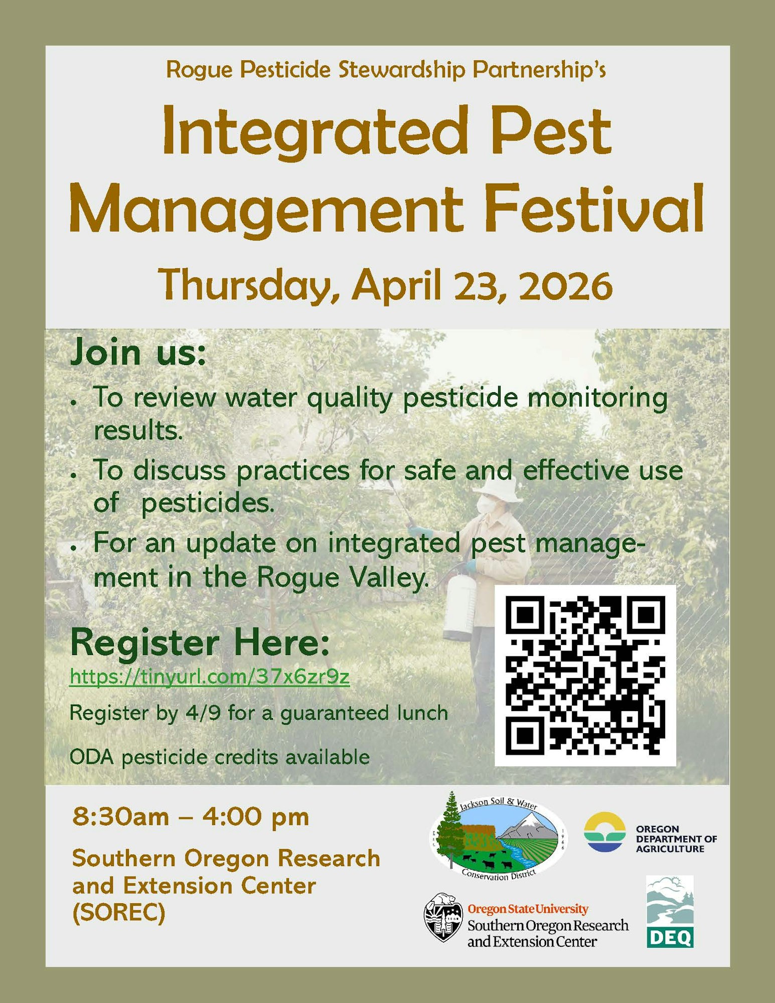 Announcement for the Integrated Pest Management Festival on April 23, 2026, to discuss pesticide practices and water quality.