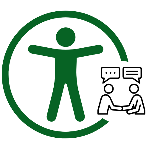 Icon showing a person with arms outstretched inside a circle, two people chatting with speech bubbles below.