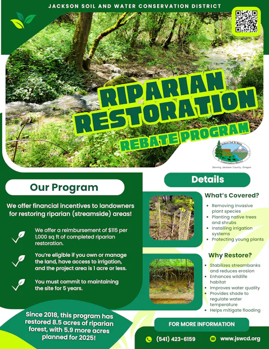 Riparian Restoration Rebate Program by Jackson SWCD offers financial incentives for land restoration, covering plant removal, planting, and irrigation.