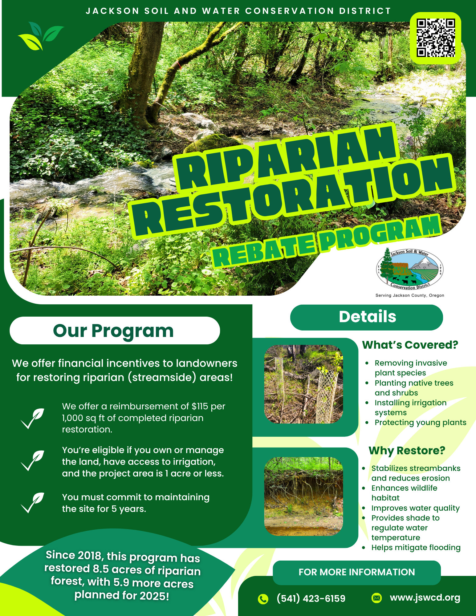 Riparian Restoration Rebate Program by Jackson SWCD offers financial incentives for land restoration, covering plant removal, planting, and irrigation.