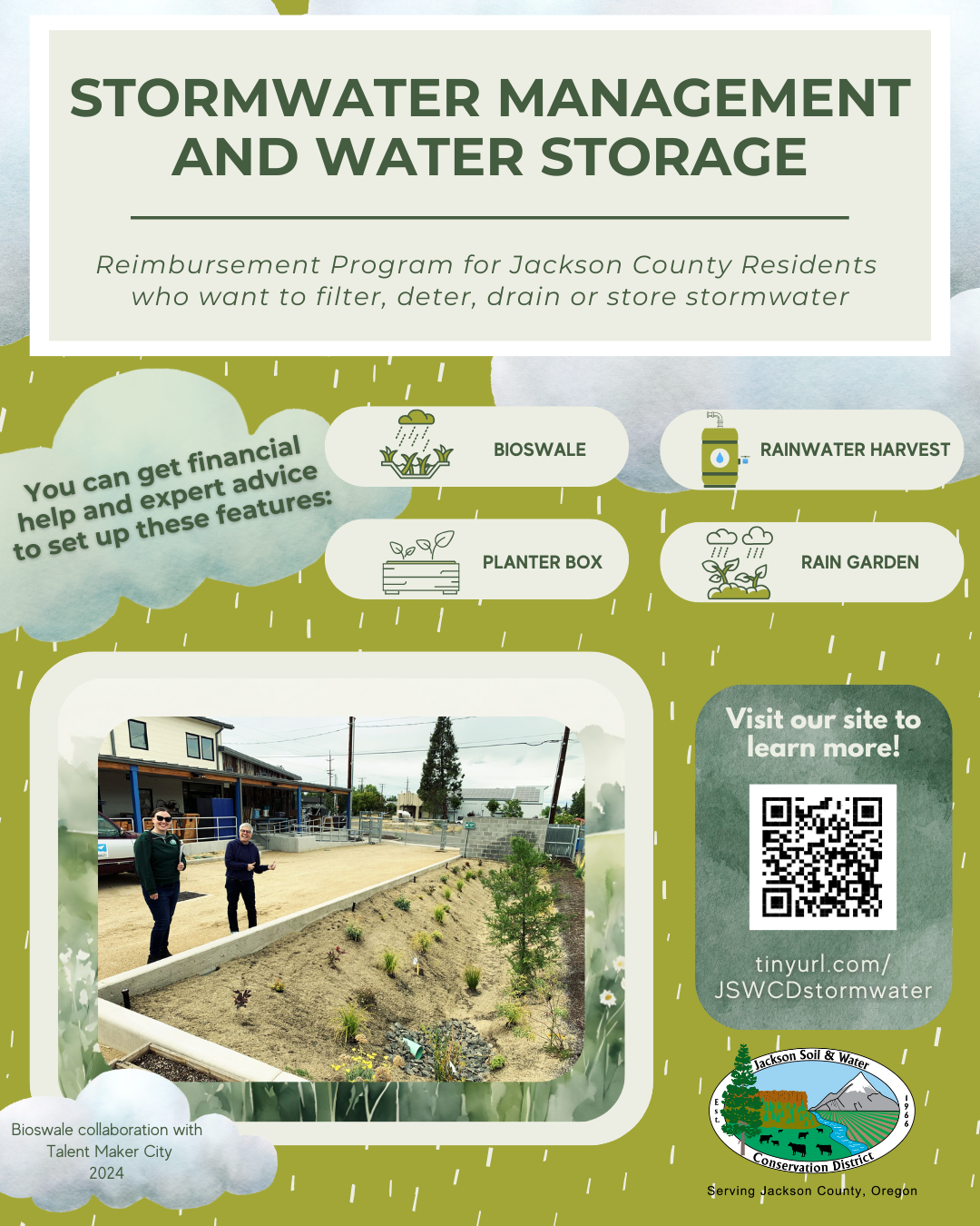 Stormwater management program for Jackson County: bioswale, rainwater harvest, planter box, and rain garden info and resources.