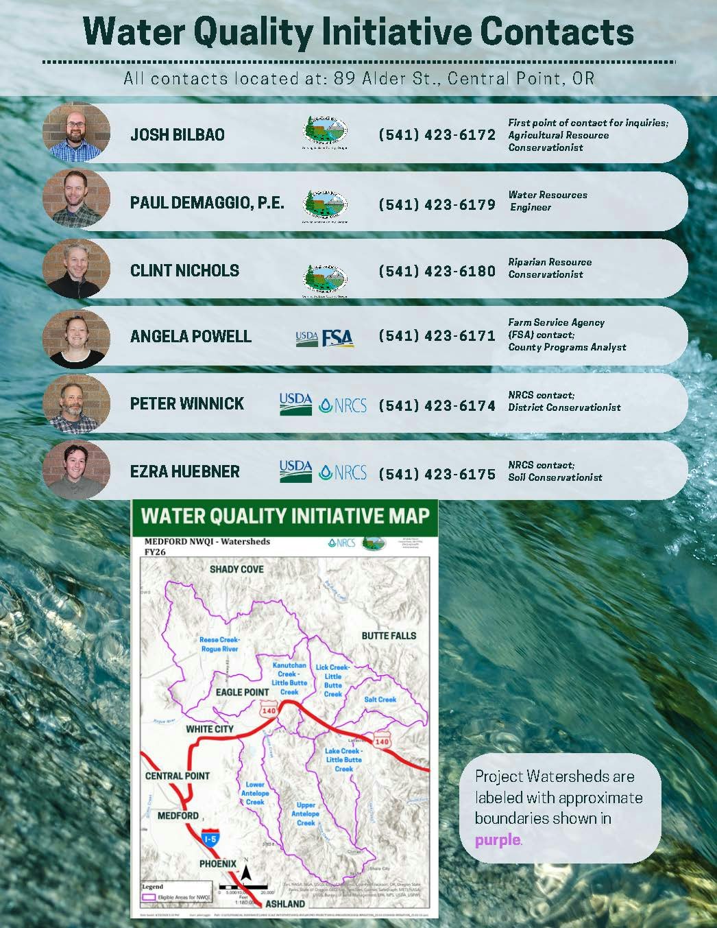 Contact information for the Water Quality Initiative in Central Point, OR, including key personnel and a watershed map.