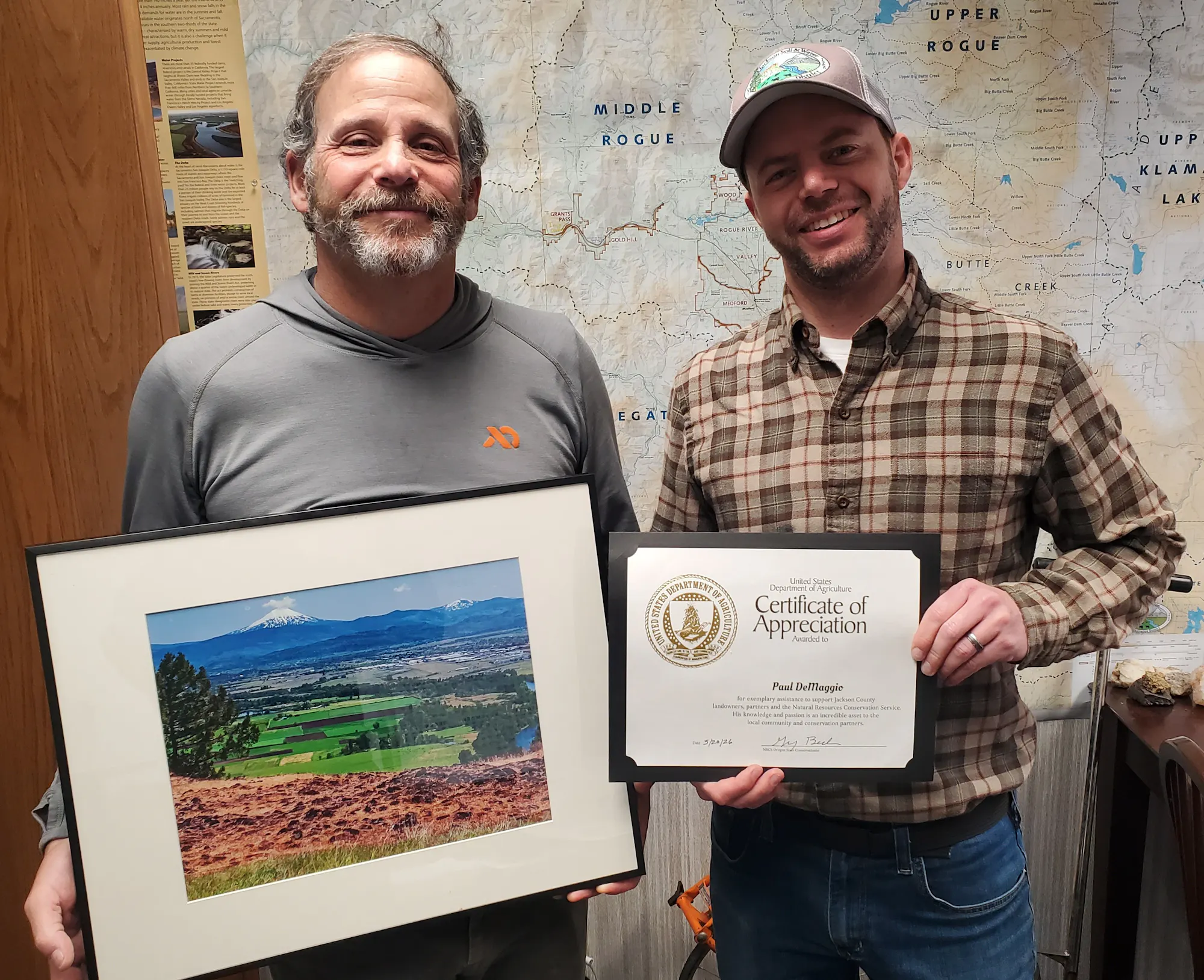Peter Winnick and Paul DeMaggio with Paul's Certificate of Appreciation from the NRCS.