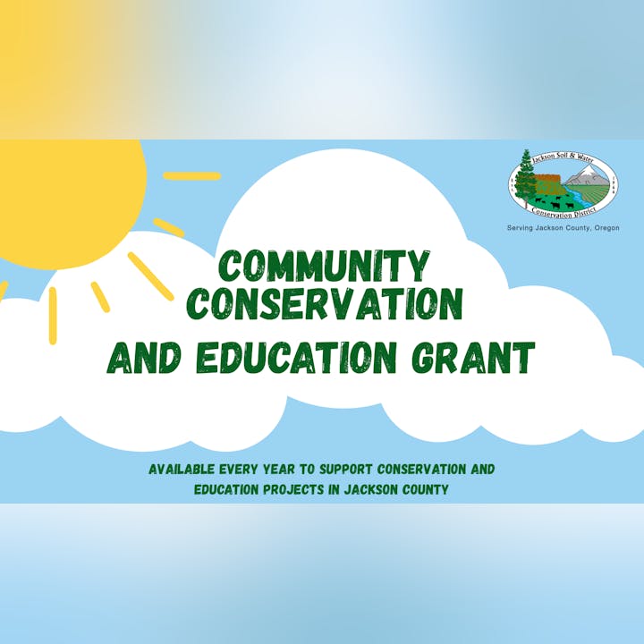 Community Conservation and Education Grant info for Jackson County, with sun and cloud graphics.