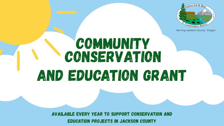 Community Conservation and Education Grant info for Jackson County, with sun and cloud graphics.