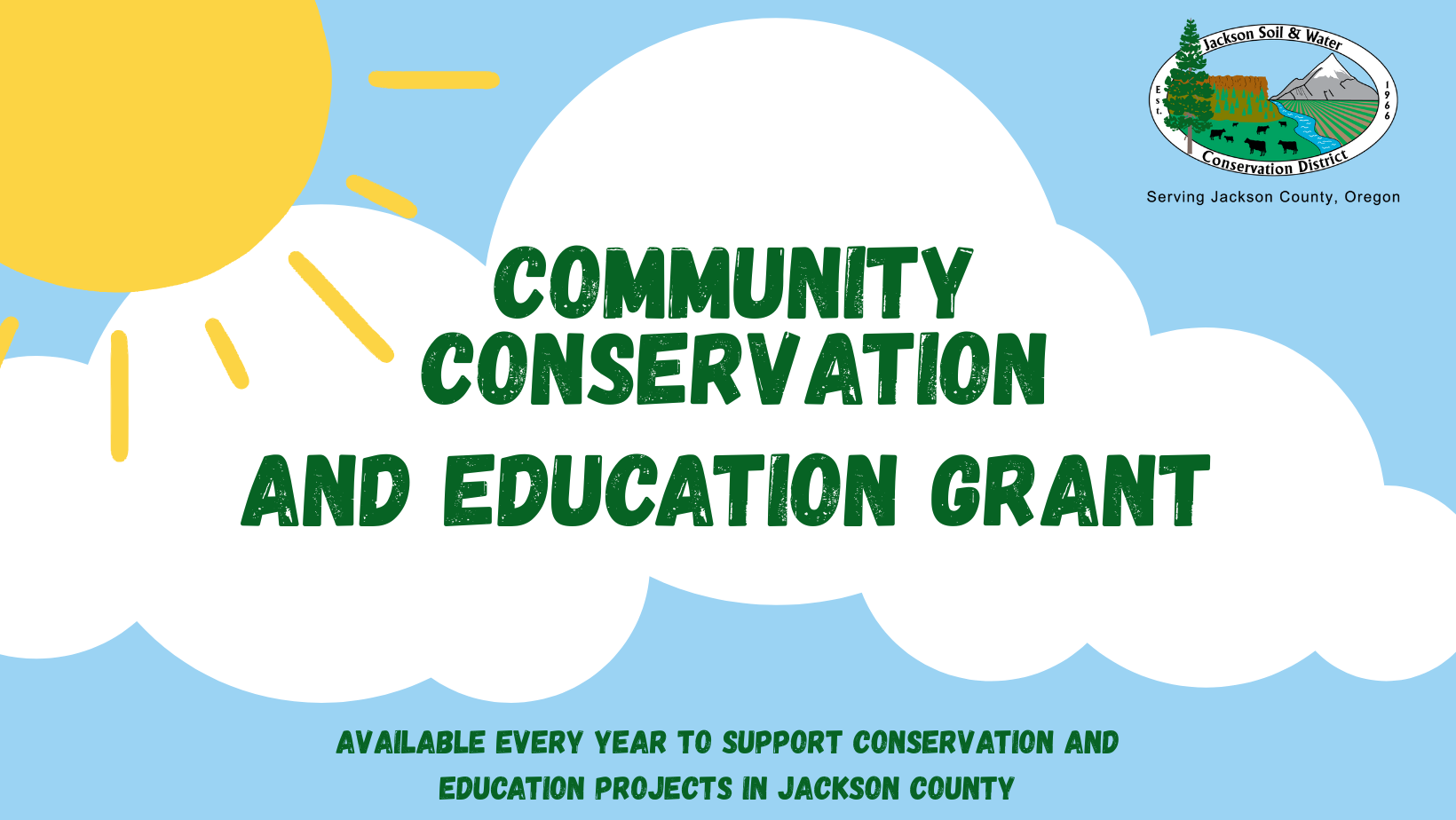 Community Conservation and Education Grant info for Jackson County, with sun and cloud graphics.