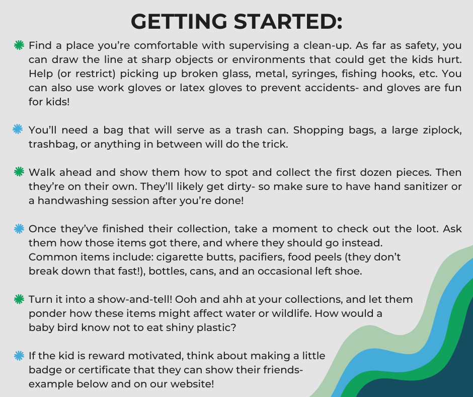 Guide for supervising a kid's clean-up: select safe spots, use gloves, provide bags, teach collecting, discuss litter impact, reward efforts.