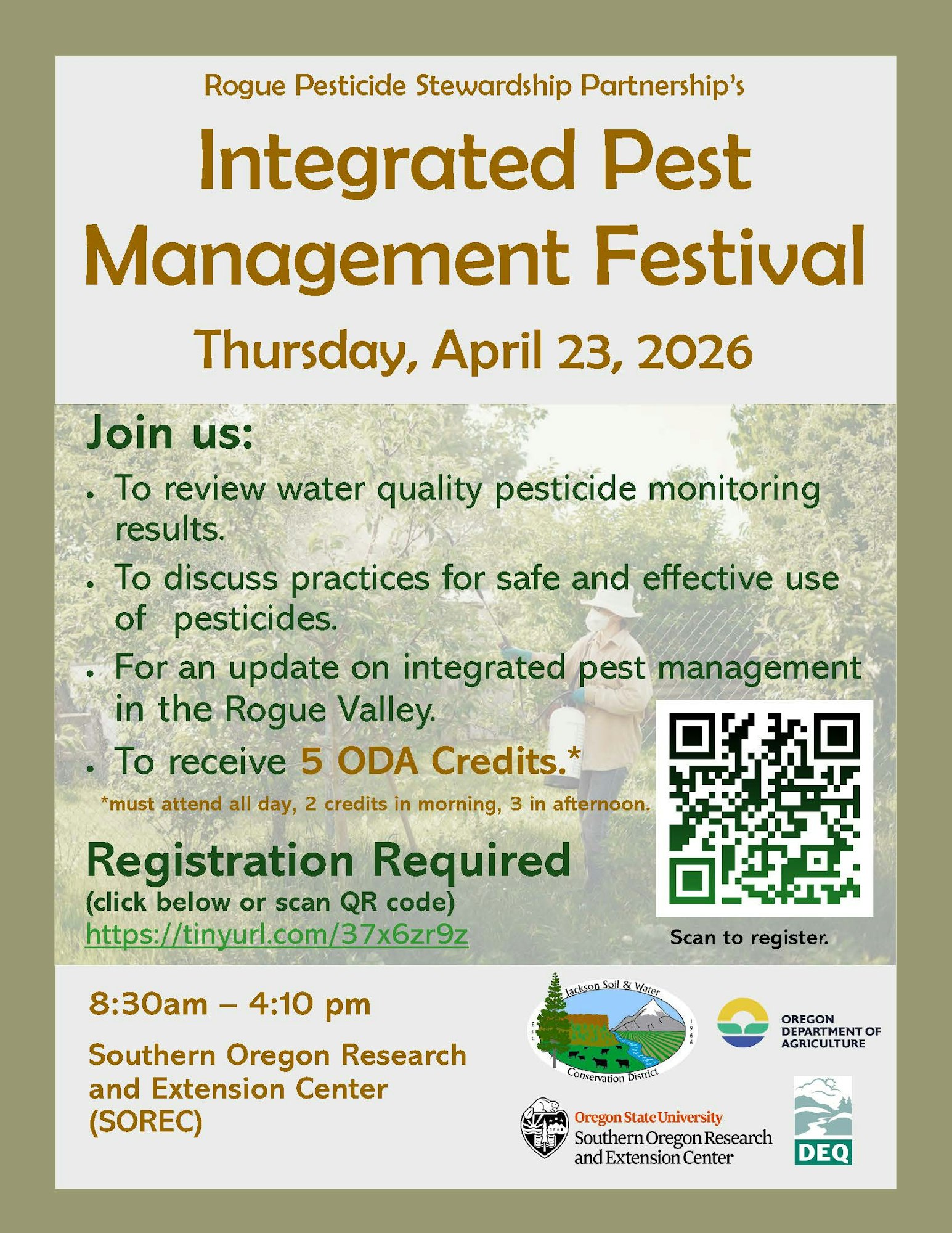 Flyer for the Integrated Pest Management Festival on April 23, 2026, at SOREC; covers pesticide practices and earns ODA credits.