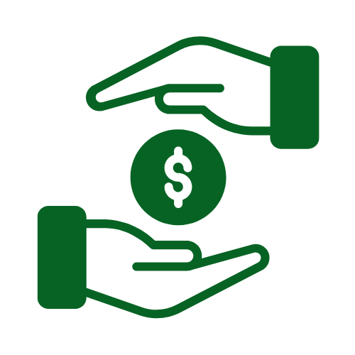 Two hands exchanging a circle with a dollar sign inside.