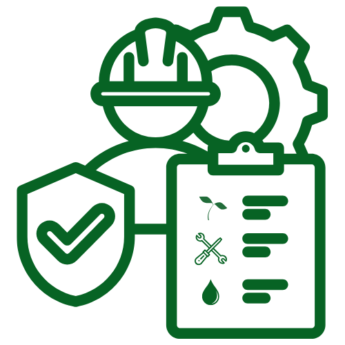 Worker in a hard hat, gear, checklist with icons, and shield with checkmark, symbolizing safety and maintenance.