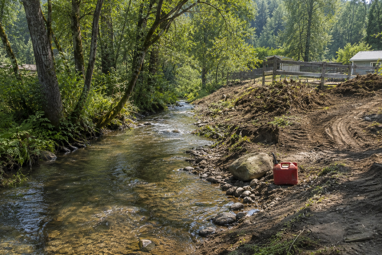 A serene creek surrounded by greenery, with a red gas can and a dirt path nearby. Peaceful nature scene.