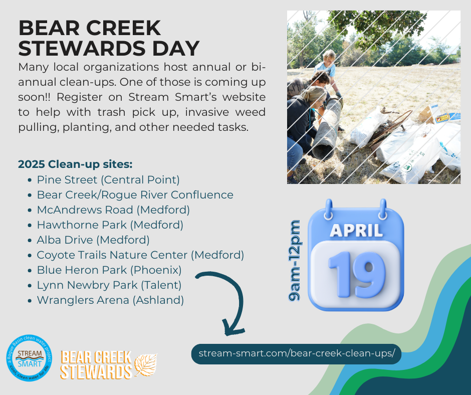 Flyer for Bear Creek Stewards Day on April 19, 9am-12pm. Lists 2025 clean-up sites; register at stream-smart.com.