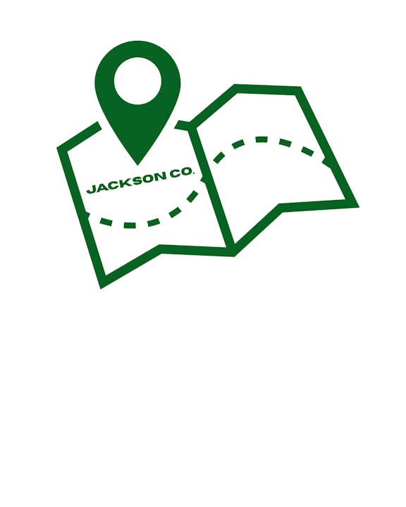 A location icon on a map labeled "Jackson Co." with a dotted path.