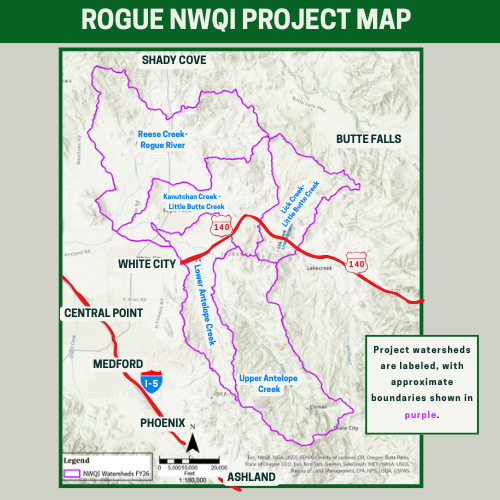 Map of the Rogue NWQI Project with labeled watersheds and approximate boundaries in purple, including roads and cities.