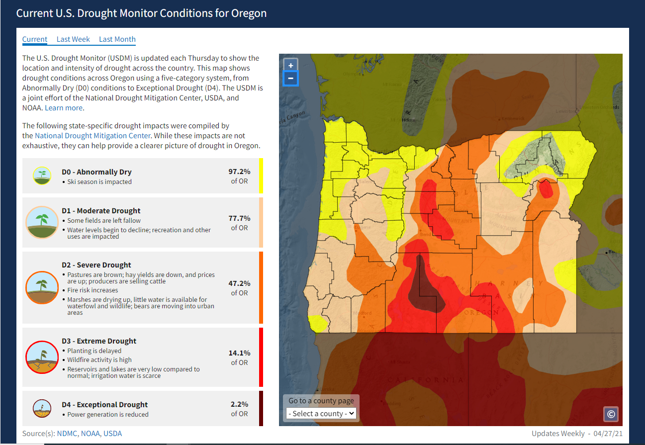 Map of Oregon Drought Conditions April 2021