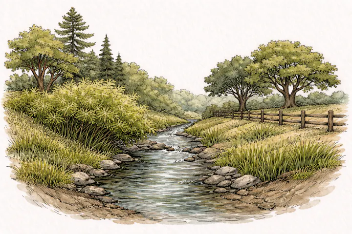 Illustration depicting a healthy riparian area, stream with grass and trees.