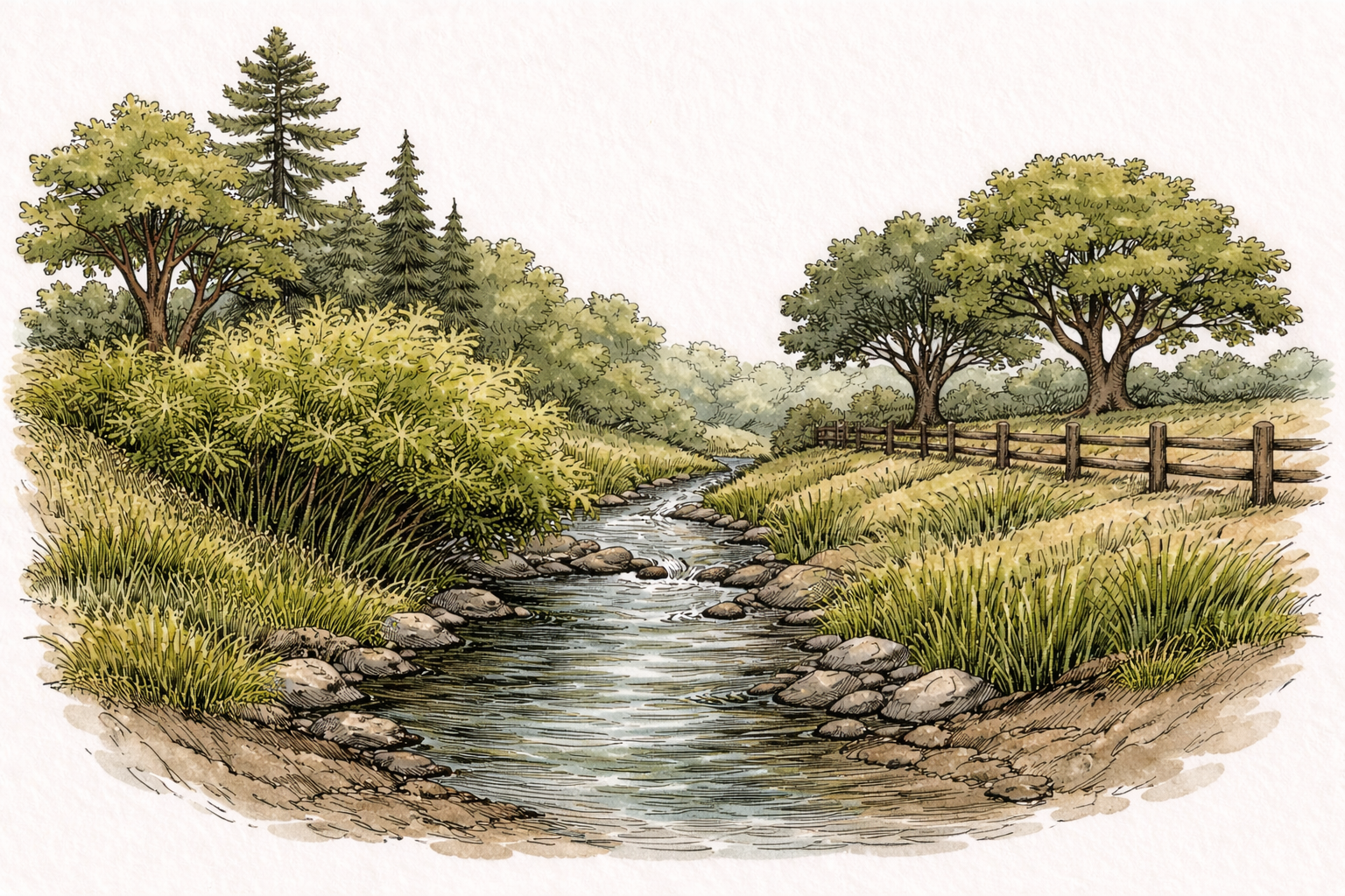 Illustration depicting a healthy riparian area, stream with grass and trees.