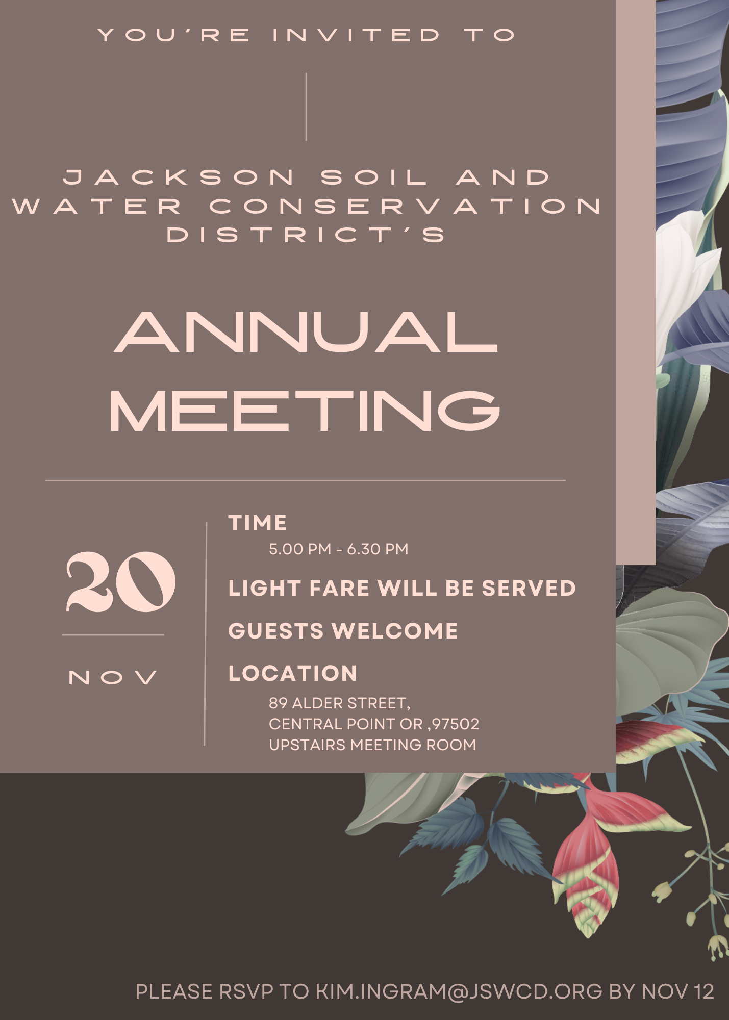 Invitation to the annual meeting of Jackson Soil and Water Conservation District on Nov 20, 5-6:30 PM, at 89 Alder Street. RSVP info included.