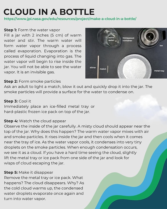 Instructions to make a cloud in a jar using warm water, smoke particles, and ice. Includes steps to create and observe the cloud.