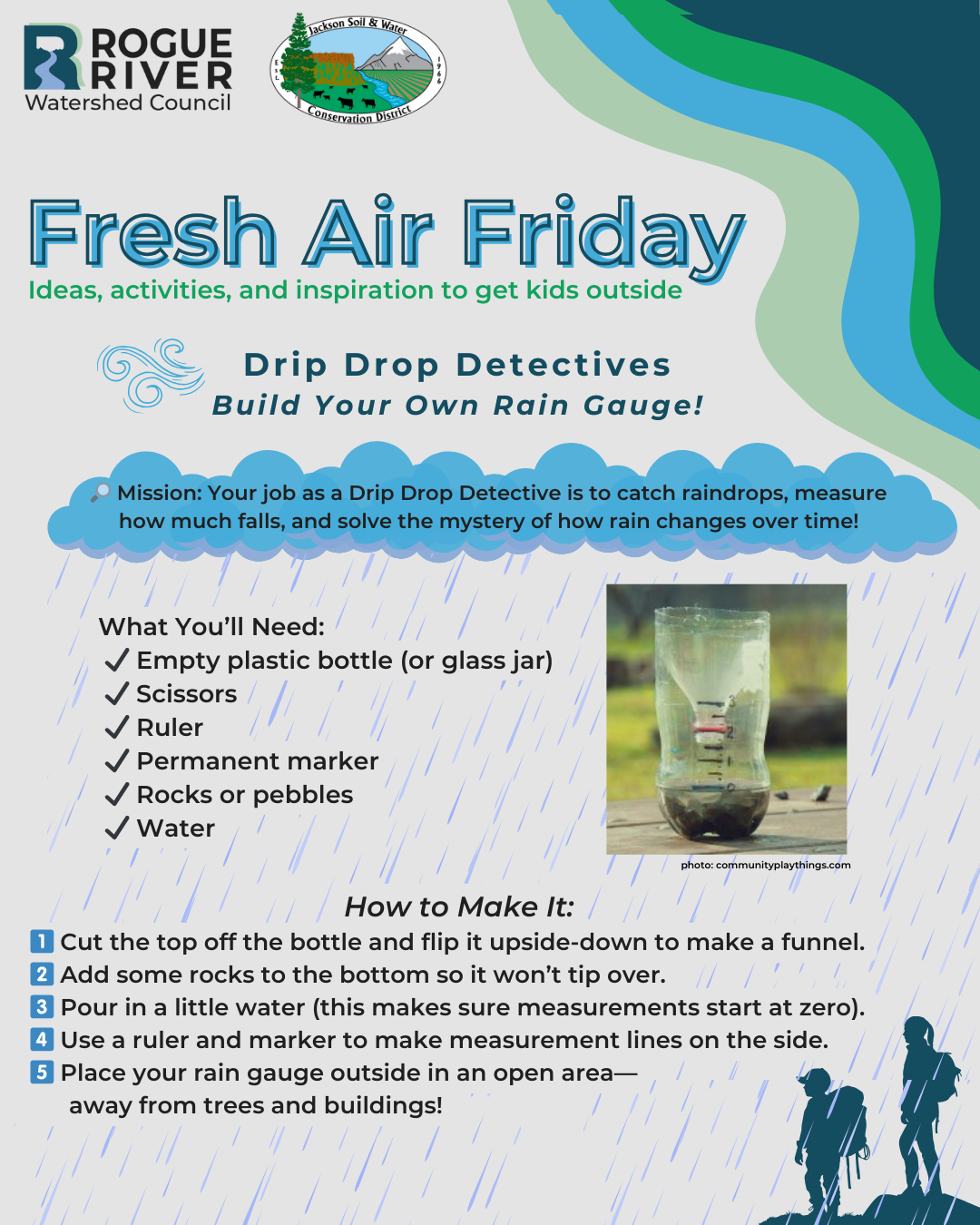 Instructions to make a DIY rain gauge for kids, using a bottle, rocks, ruler, and marker in "Fresh Air Friday" activity.