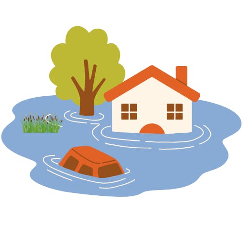 House and car partially submerged in floodwater with a tree and grass nearby.