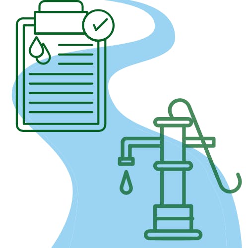Icon depicting a vintage water pump with a water droplet and a clipboard with a checkmark. A blue wavy background suggests clean water and quality assurance.