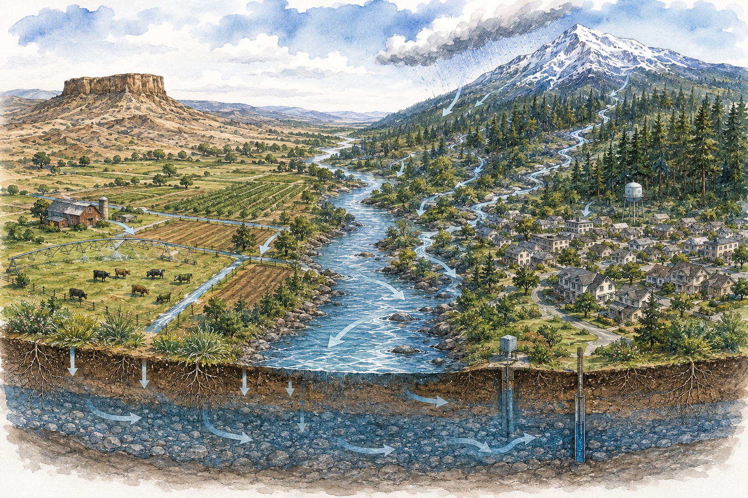 Conceptual Illustration of Jackson County watershed system with Table Rock, Mt McLaughlin, Rogue River Watershed, farms and towns.