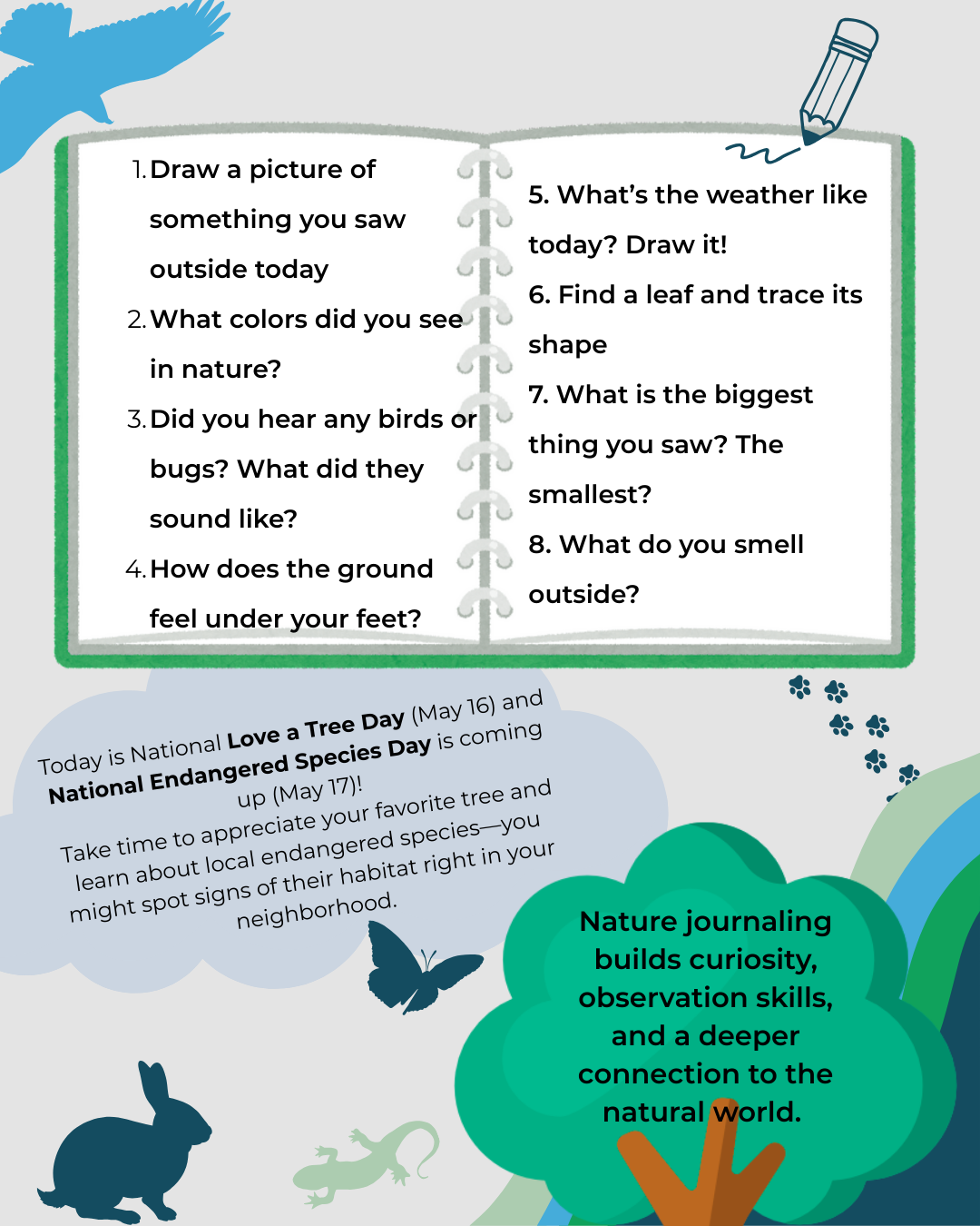 Nature journaling prompts and info about National Love a Tree Day (May 16) and National Endangered Species Day (May 17).