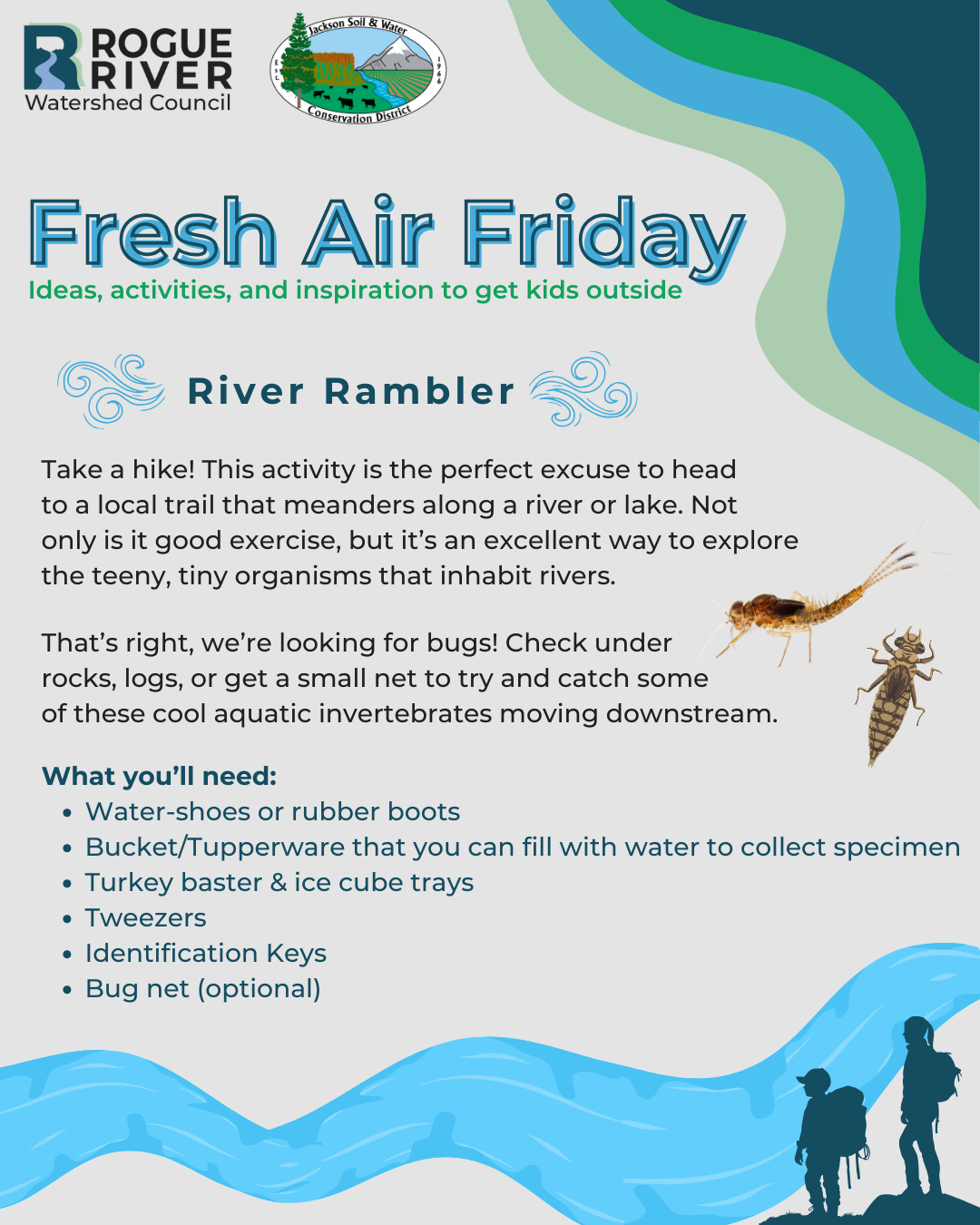 "River Ramble" activity guide for kids to explore river bugs with tools like boots, nets, and tweezers. Hosted by Rogue River Watershed.