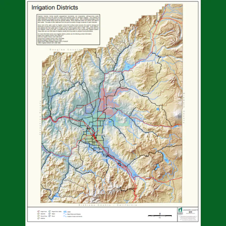 Map of irrigation districts in Shasta County, California, showing boundaries, roads, water districts, basins, rivers, and streams.