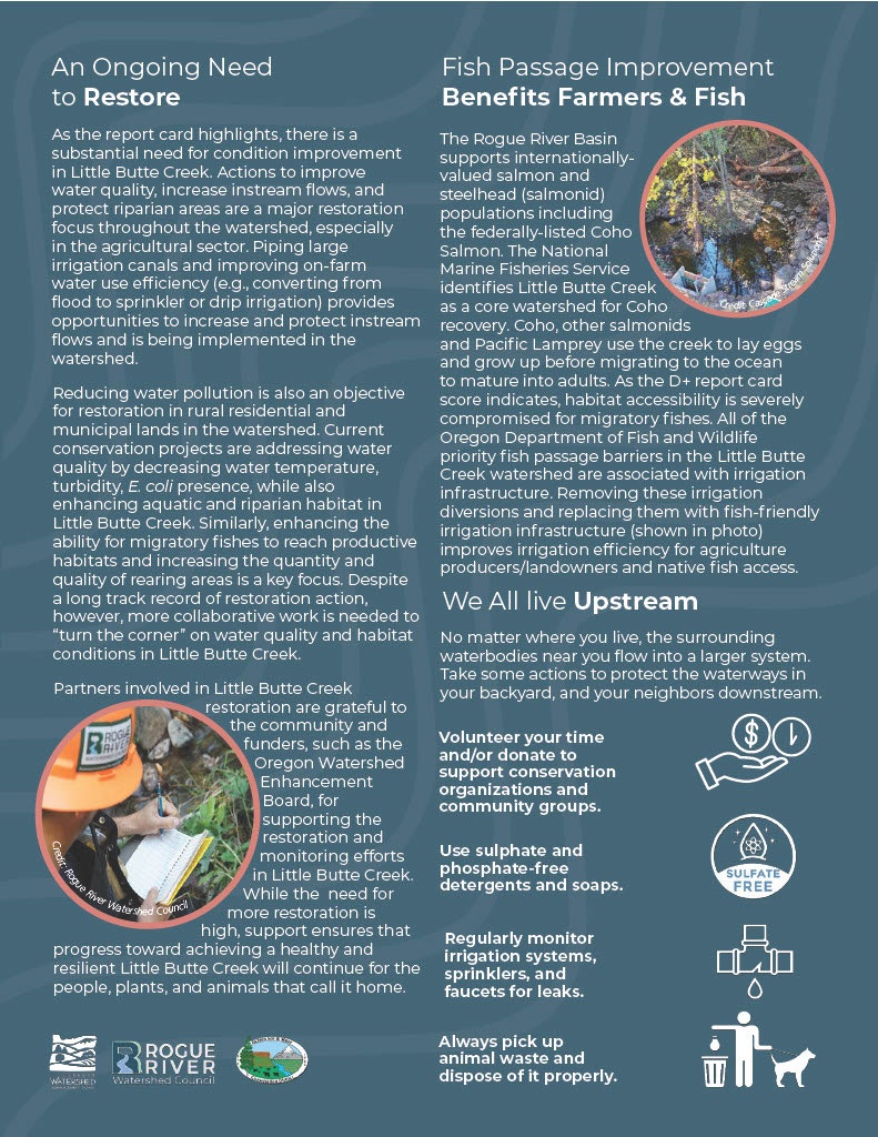 An infographic on Little Butte Creek restoration, highlighting the need for better conditions, water pollution reduction, and fish passage improvement.