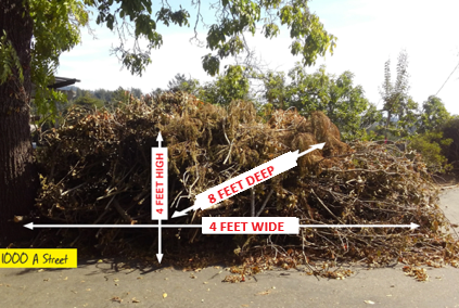 A large pile of yard debris is shown, measuring 4 feet high, 4 feet wide, and 8 feet deep, on a street.