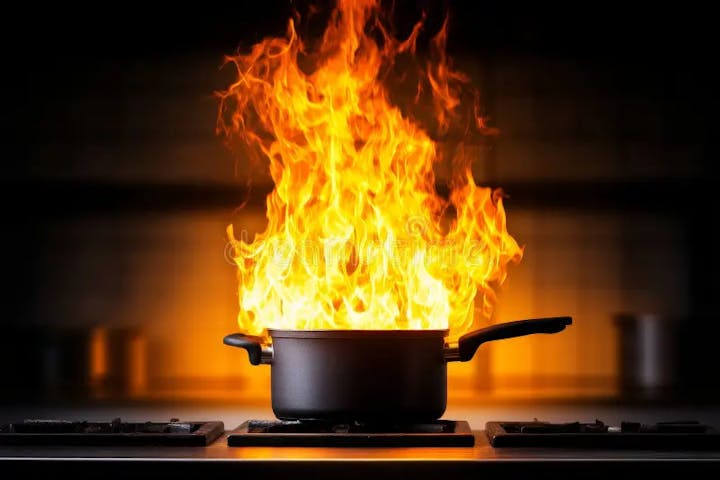 A pot with large flames rising from it on a stovetop, indicating a kitchen fire.