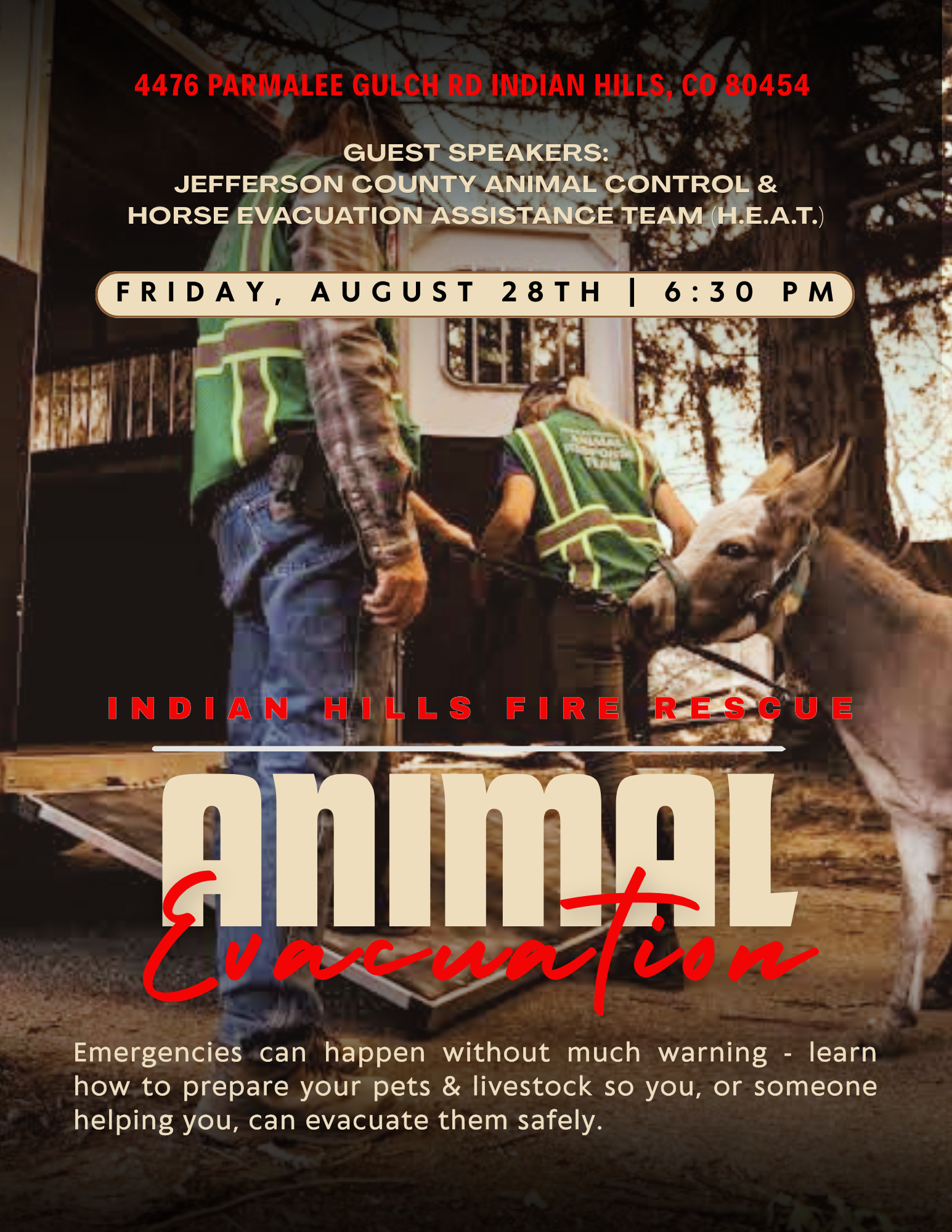 Event on animal evacuation with guest speakers on August 28th at 6:30 PM, focusing on preparing pets and livestock for emergencies.