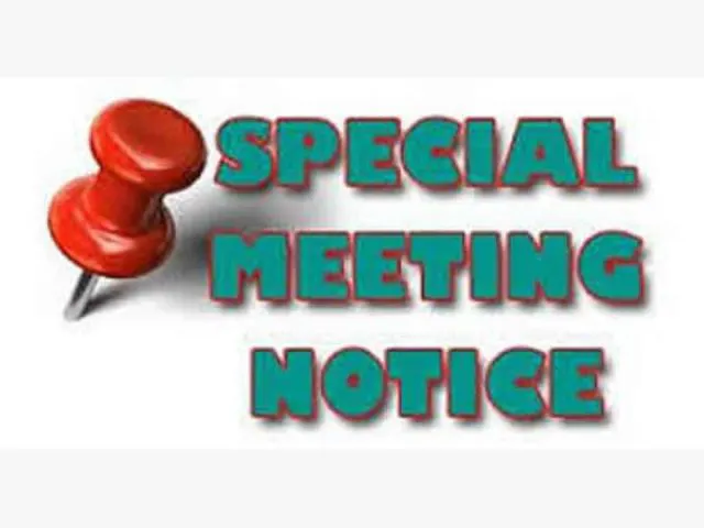 Image features a red pushpin alongside the text "SPECIAL MEETING NOTICE" in bold, colorful letters.