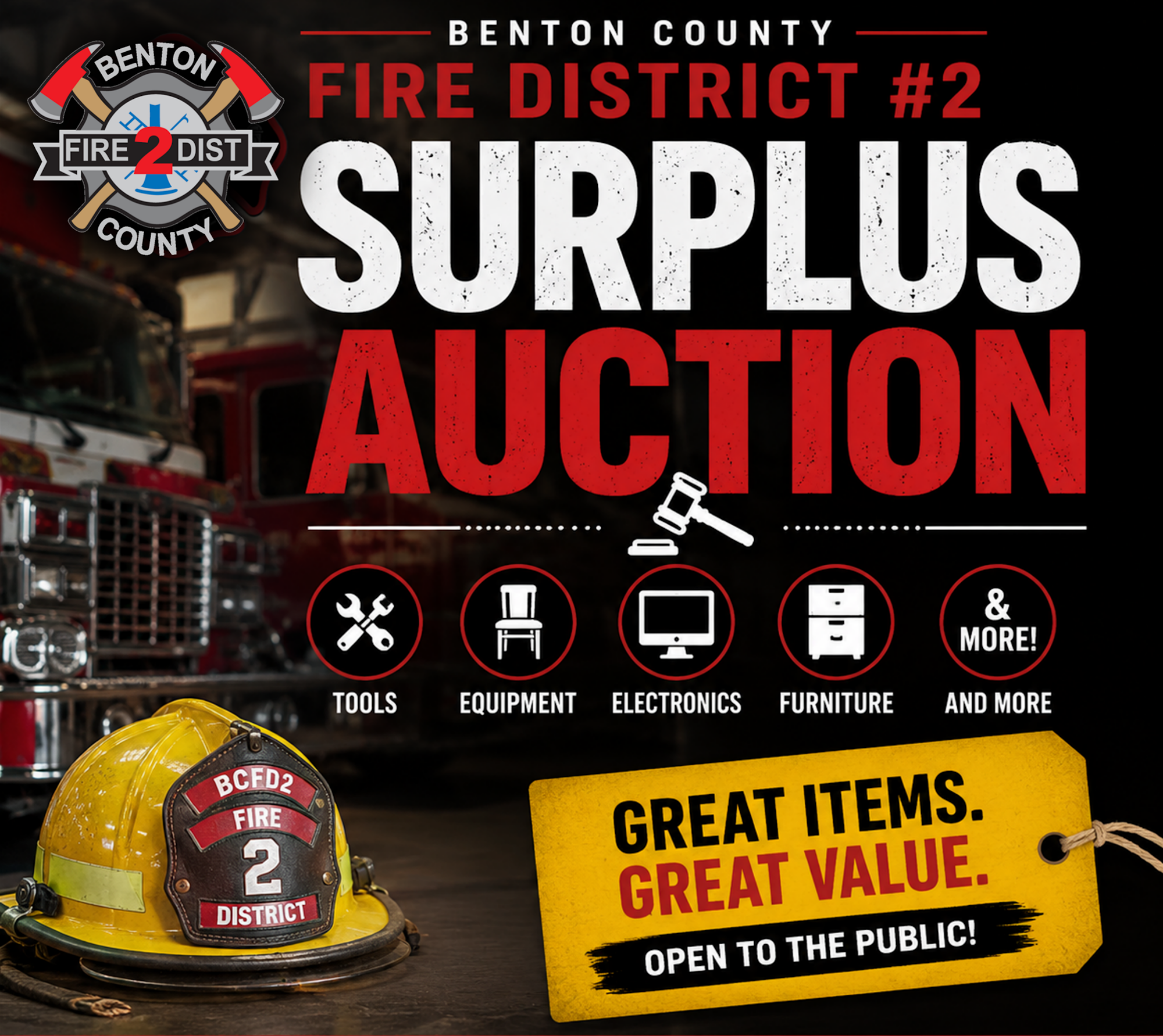 Benton County Fire District #2 is holding a surplus auction featuring tools, equipment, electronics, furniture, and more.