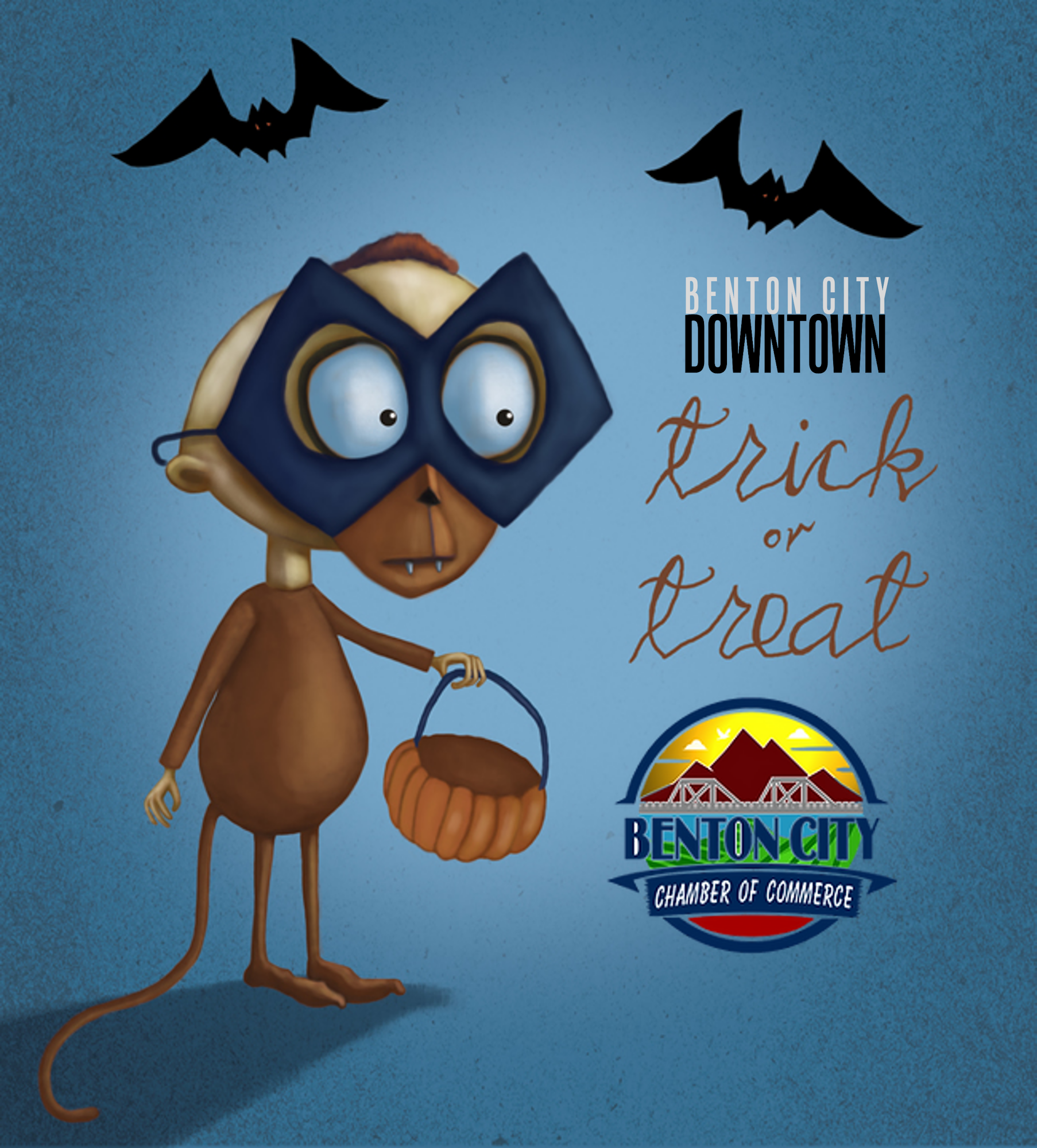 Cartoon figure in costume holds a pumpkin basket. "Benton City Downtown Trick or Treat" with bats and Benton City Chamber of Commerce logo.