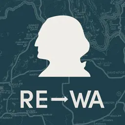 The image features a silhouette of a historical figure with "RE→WA" text, likely referencing Washington state and its history.