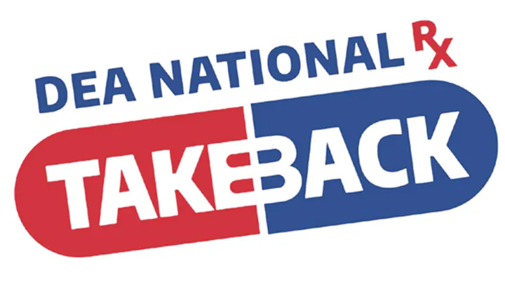 The image features the DEA National RX Take Back logo, promoting the safe disposal of unused medications.